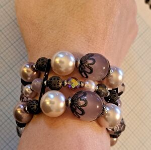 Lilac Silver Grey Bead Pink Pearl Stretch Bracelet with Antique Silver Accents